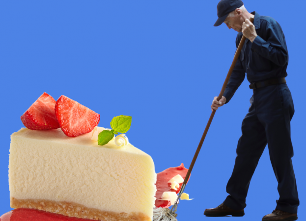 Janitor mops up a slice of cheesecake.