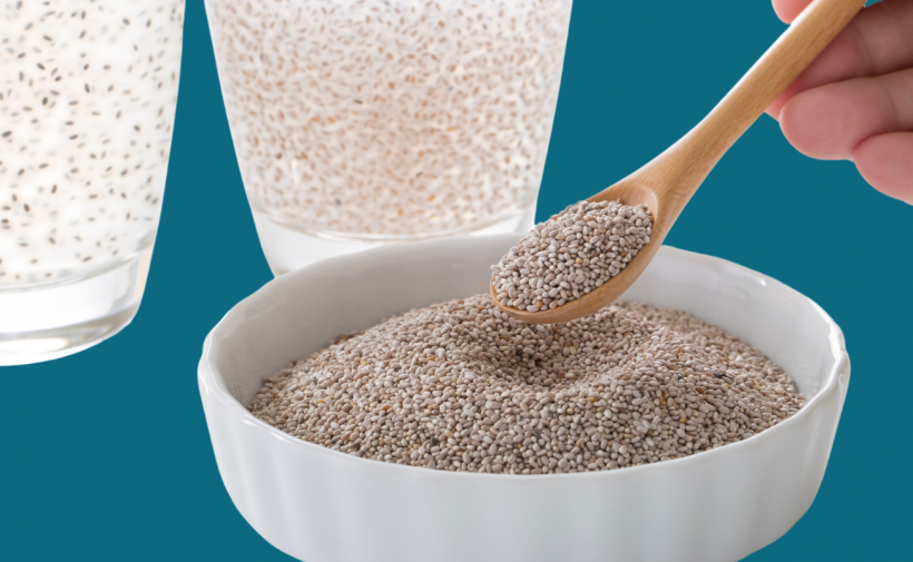 Chia seeds in a bowl with soaked chia seeds in two glasses in the background.