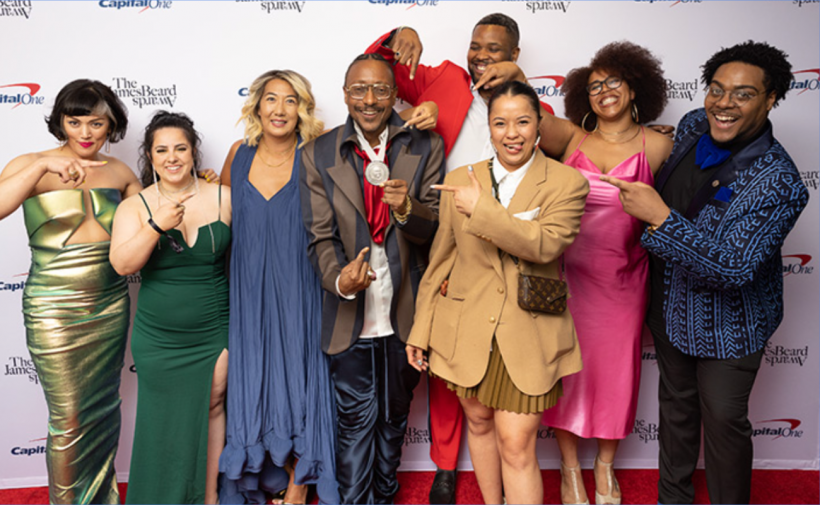 Acclaimed chef Gregory Gourdet and staff posing on the red carpet, winners of 2023 Best Restauarant for Kann, in Portland Oregon.