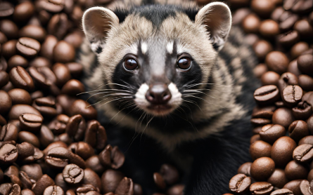 Civet surrounded by coffee beans.