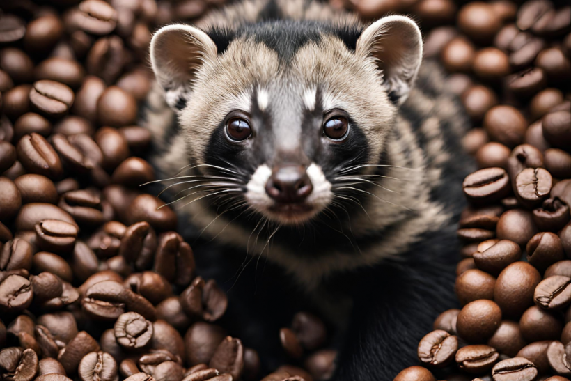 Civet surrounded by coffee beans.