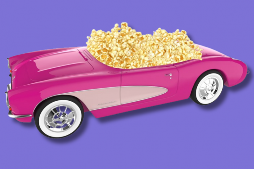 Barbie: The Movie collectible pink Corvette convertible popcorn container. 