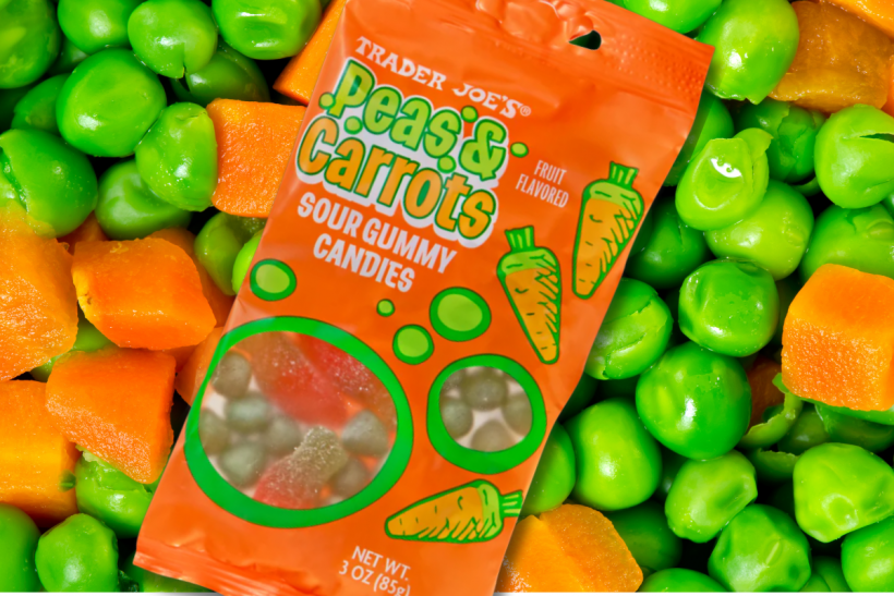 Trader Joe's Peas and Carrots Sour Gummy Candies.
