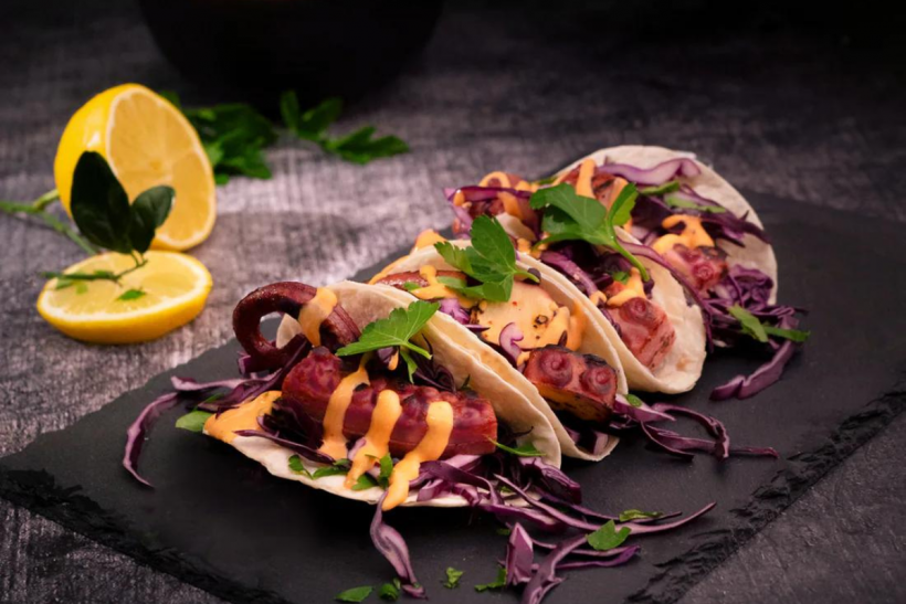 Revo Foods The Kraken plant-based octopus tacos.