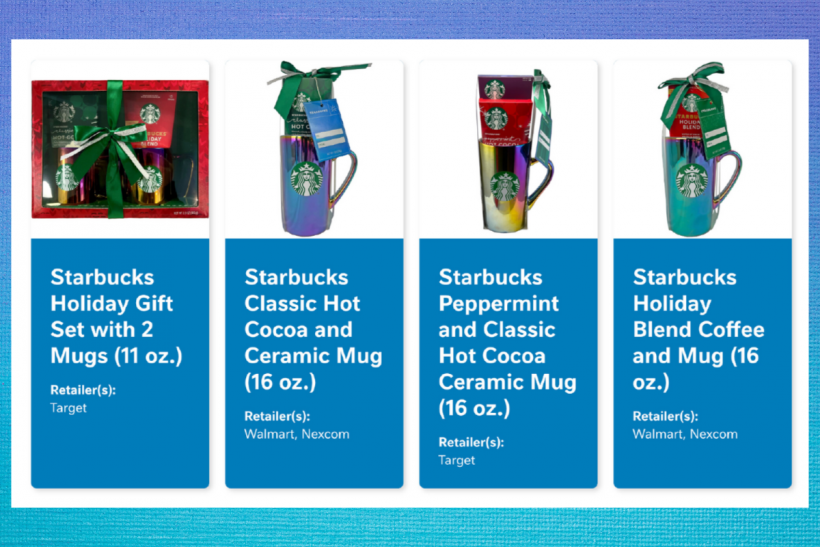 Recalled Starbucks Mugs were sold in holiday gift sets at different retailers.