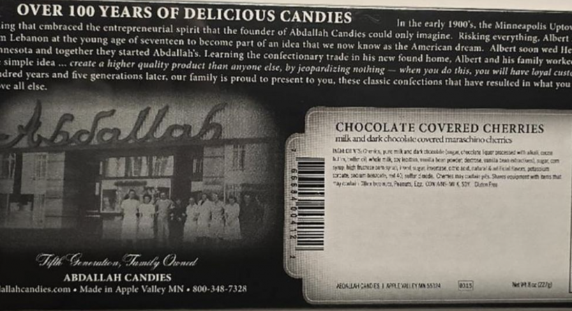 Incorrect ingredient label showing Chocolate Covered Cherries on Abdallah’s Sea Salt Almond Alligators.