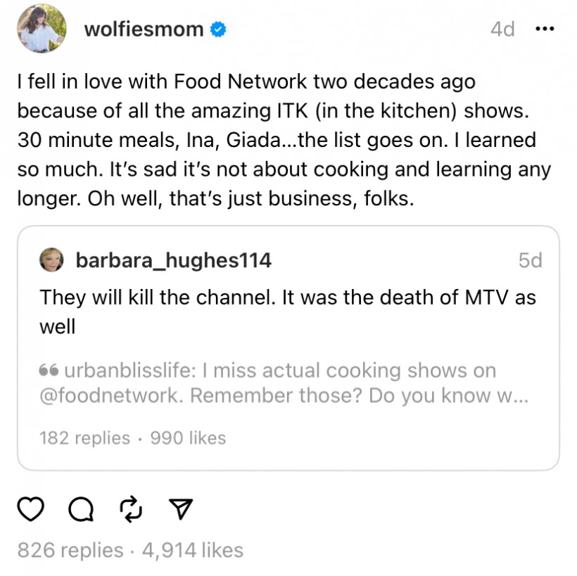Valerie Bertinelli (@wolfiesmom) posted her thoughts about the Food Network’s programming direction on April 9, 2024.