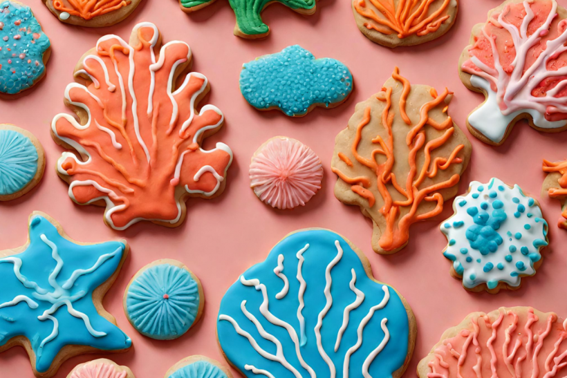 A variety of coral-themed cookies.