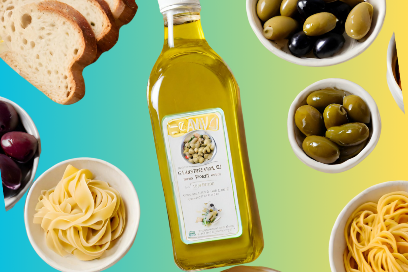 Table spread with olive oil, pasta, bread and olives.