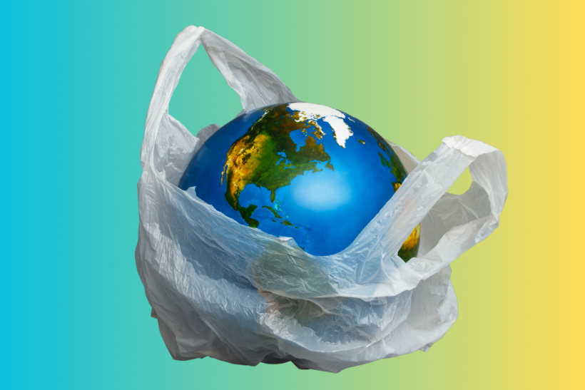 Illustration of Earth in a plastic bag.