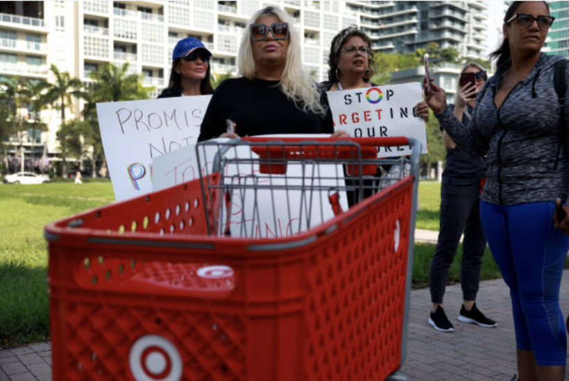 (L-R) Jennifer Vazquez and Melissa Caicedo protest outside of a Target store on June 01, 2023 in Miami, Florida. The protesters were reacting to Pride Month merchandise featuring the rainbow flag in support of the rights of the LGBTQ+ communities that had been sold at Target stores. 