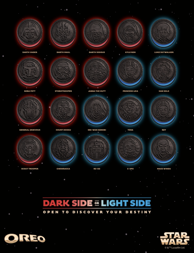 The Special Edition STAR WARS™ OREO Cookie Packs feature differing embossments of corresponding dark side and light side characters and include red or blue creme, respectively, infused with “kyber” (sugar) crystals, inspired by the crystals found in a LIGHTSABER™.