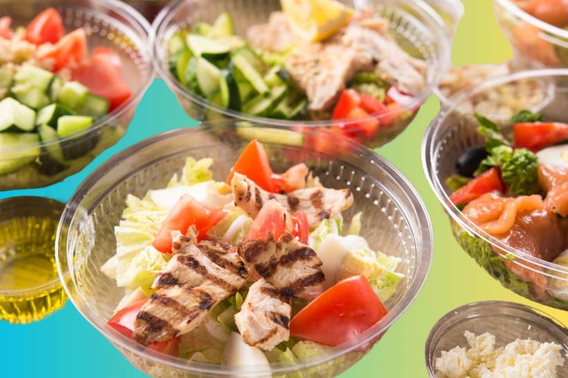 Salads in plastic containers.